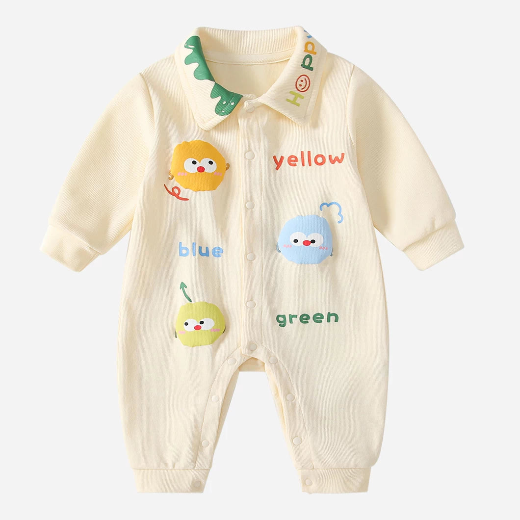 Front of the cream baby romper with printed collar and snap front