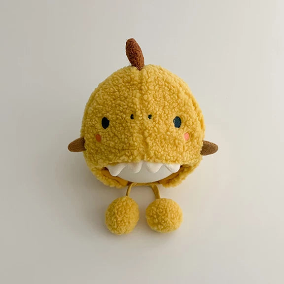 Mustard dinosaur baby winter hat with pom-pom ties