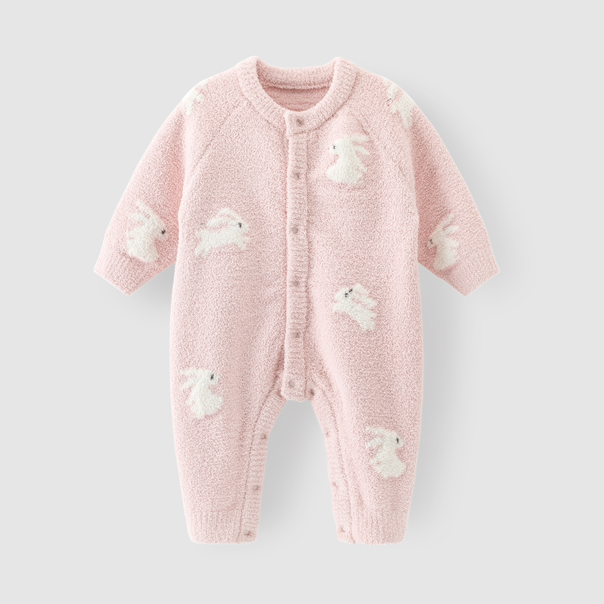 Blossom pink plush knit baby romper with white bunnies