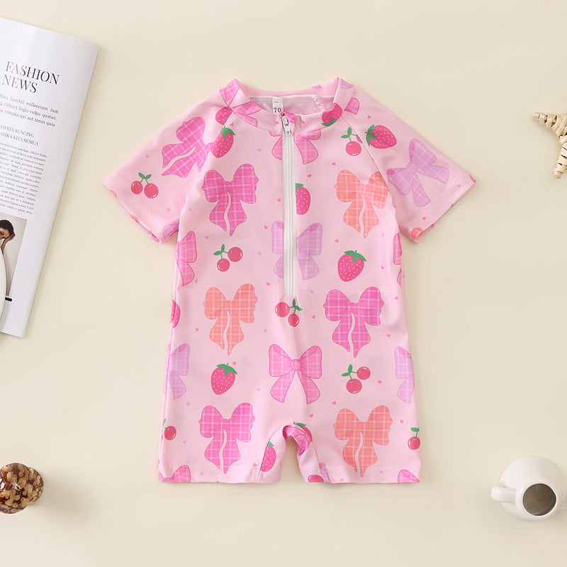 Girls' Bowknot Full Printed One-piece Swimsuit