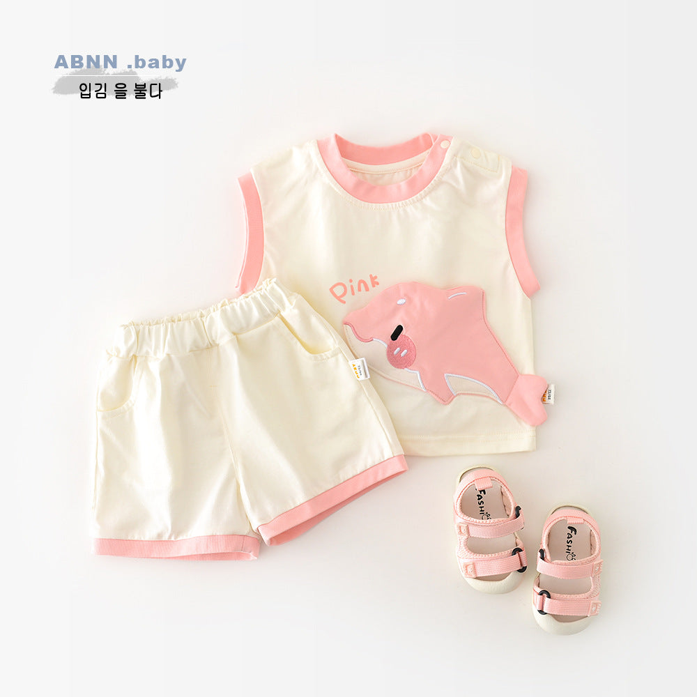 Korean Style Boys And Girls Summer Cartoon Shark Vest Suit