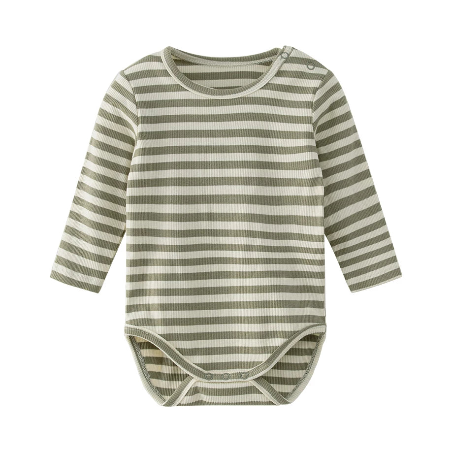 Sage green striped long-sleeve baby bodysuit, product shot