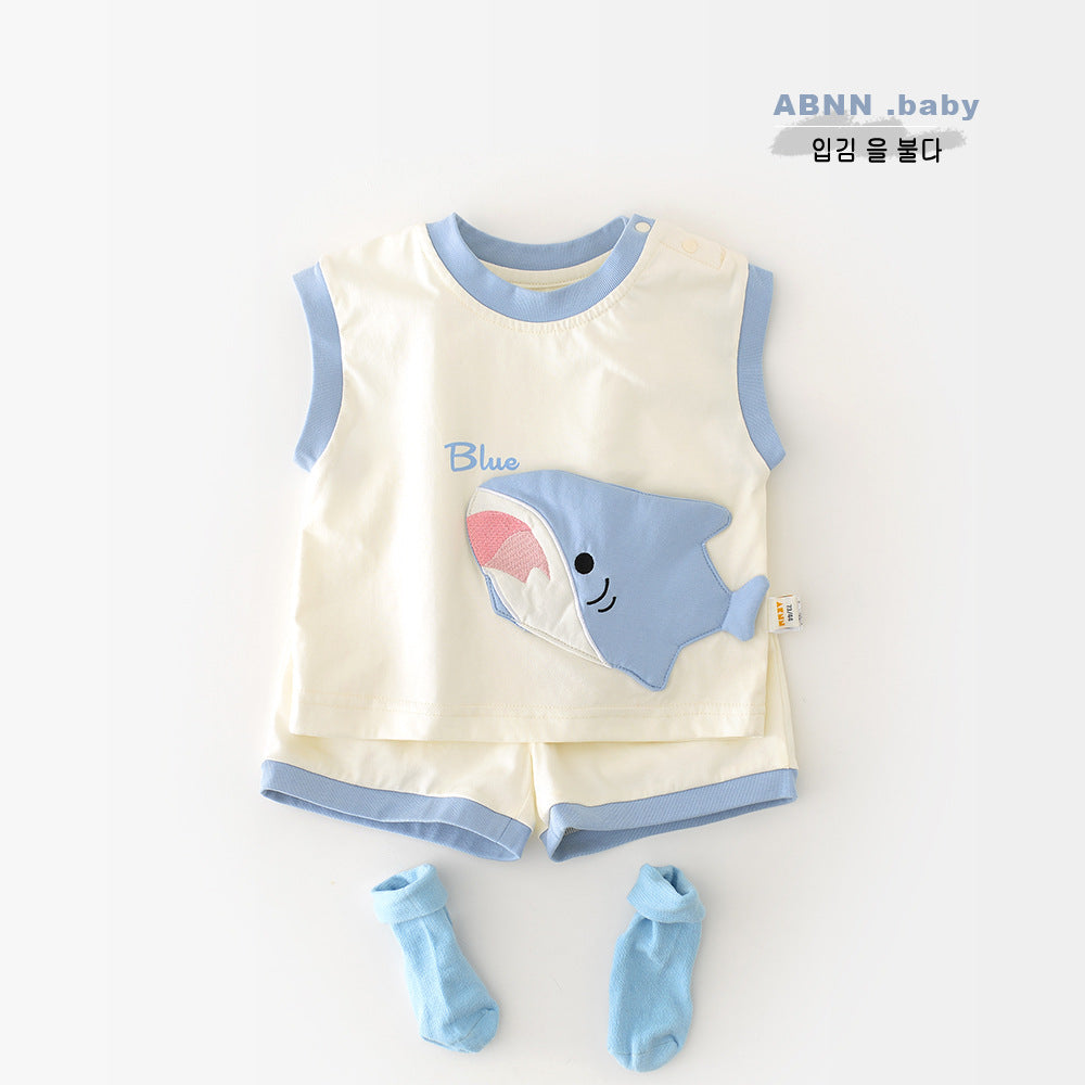 Korean Style Boys And Girls Summer Cartoon Shark Vest Suit