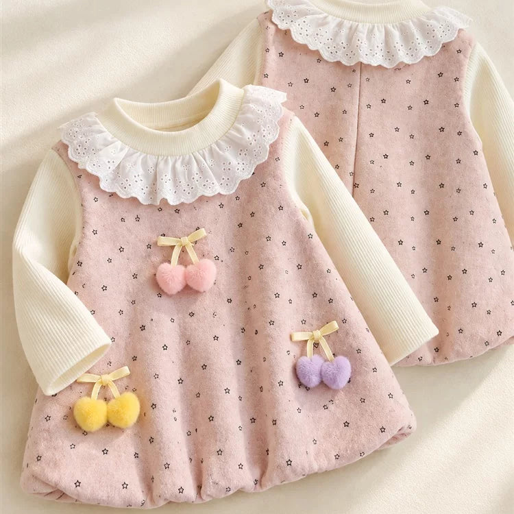 Front and back of the pink cherry heart pinafore dress set