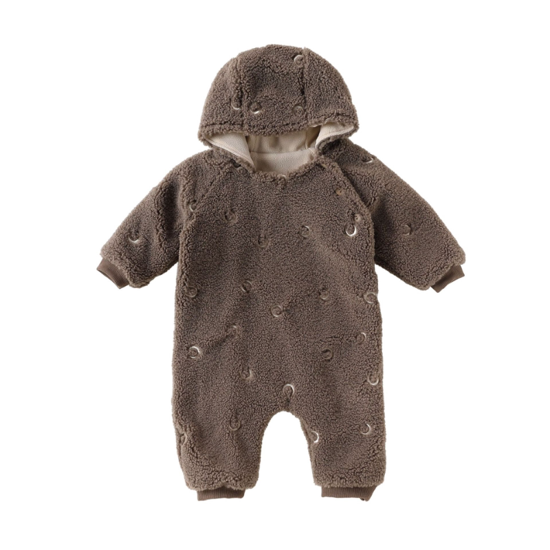 Cocoa brown hooded fleece baby romper with embroidered moons, flat lay