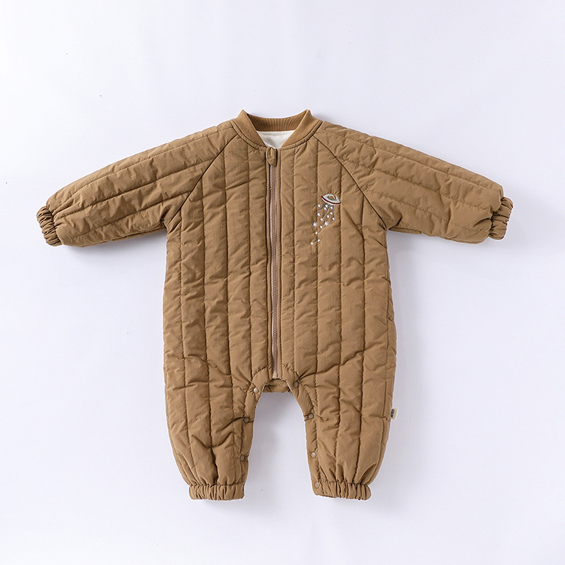 Rocket latte brown quilted baby romper with zip front, flat lay