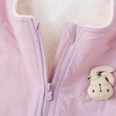 Lilac pink romper with bunny appliqué and cream sherpa lining