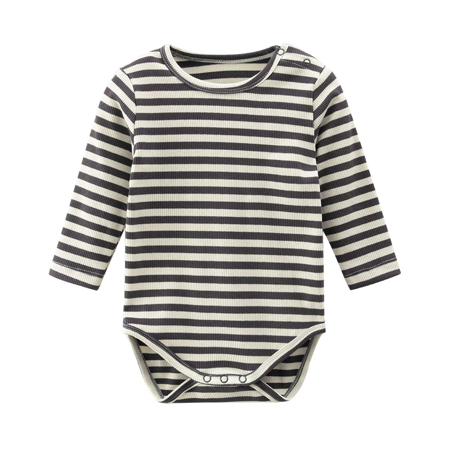Charcoal and cream striped ribbed baby bodysuit, product shot