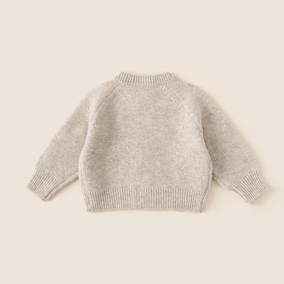 Back view of oatmeal knit strawberry cardigan