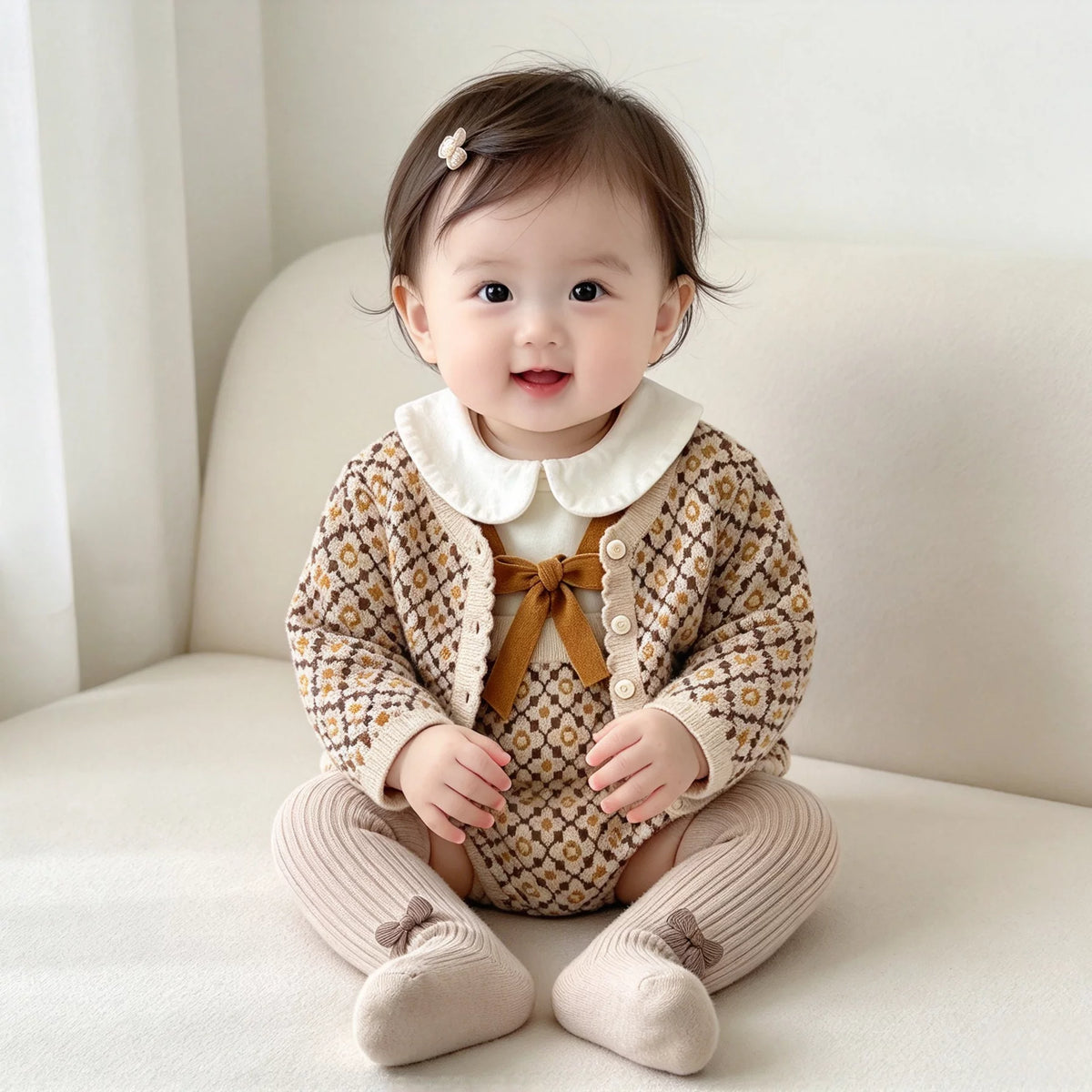 Smiling baby in a knit cardigan and bow romper with ribbed tights