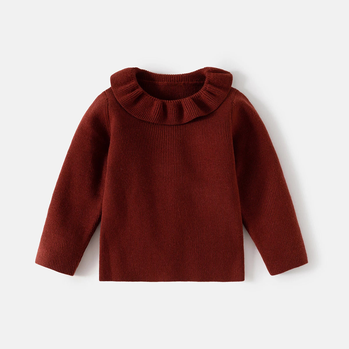 Burgundy ribbed knit sweater with ruffle collar for girls, flat lay