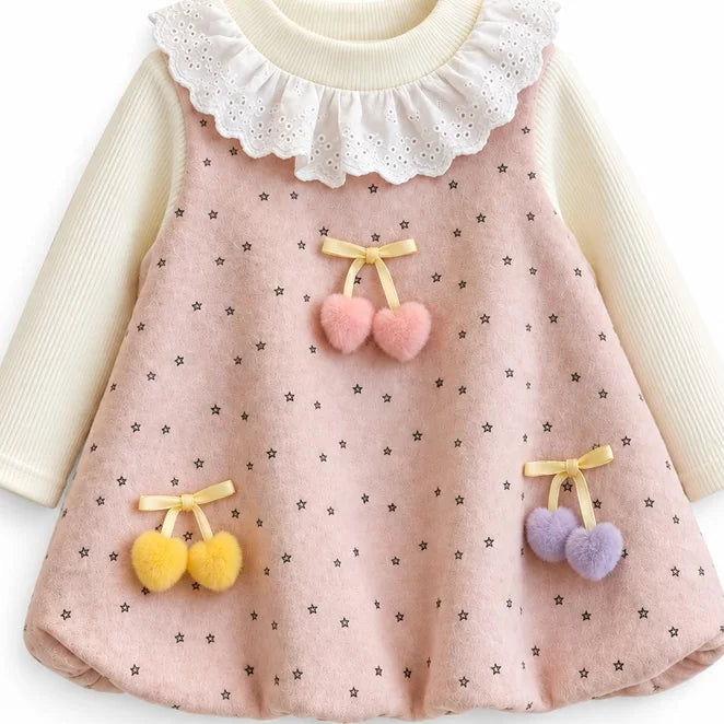 Blush pink star-print pinafore dress with fluffy heart charms over a cream ruffle-collar top, flat lay