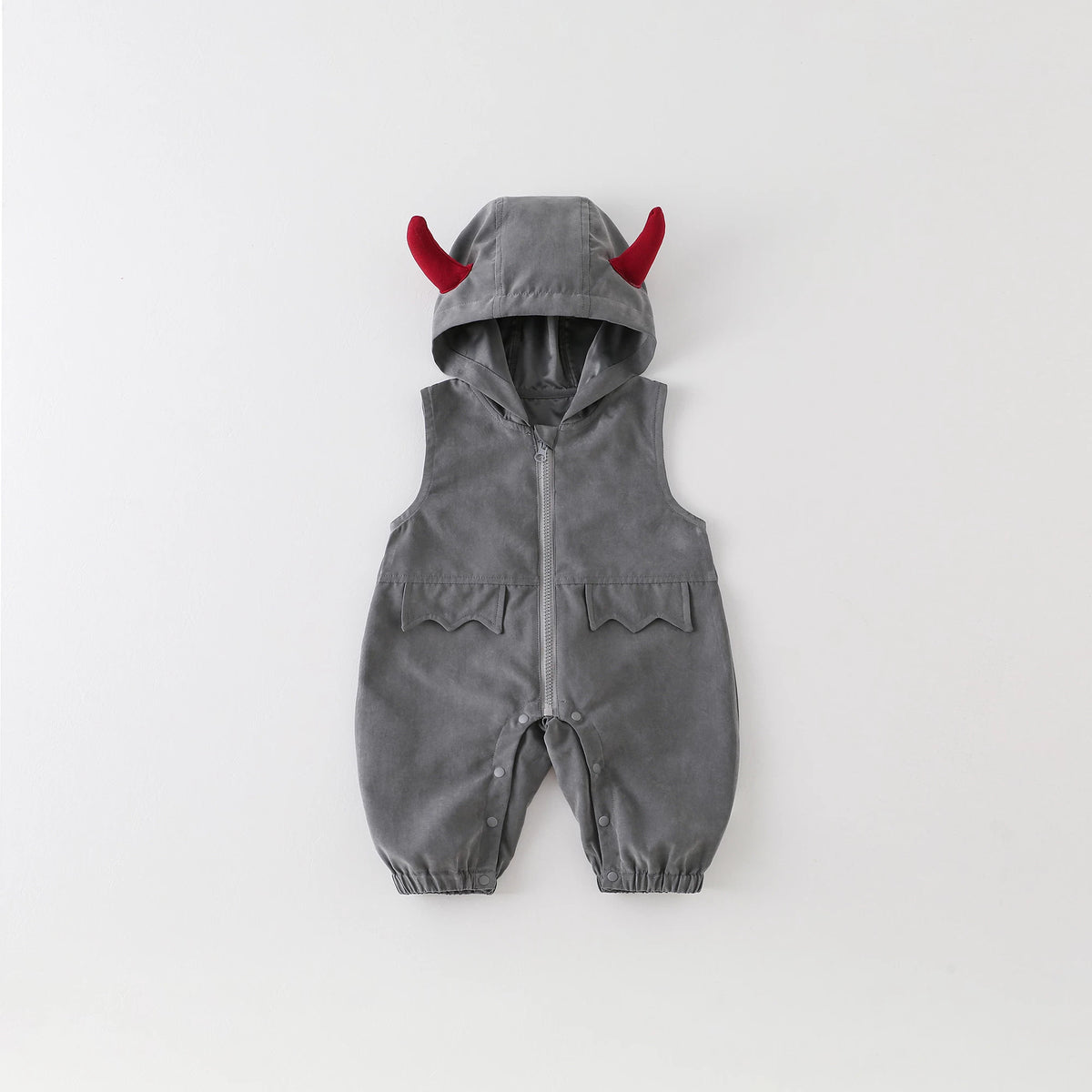 Sleeveless grey zip-front baby romper with devil horn hood and bat-wing pockets
