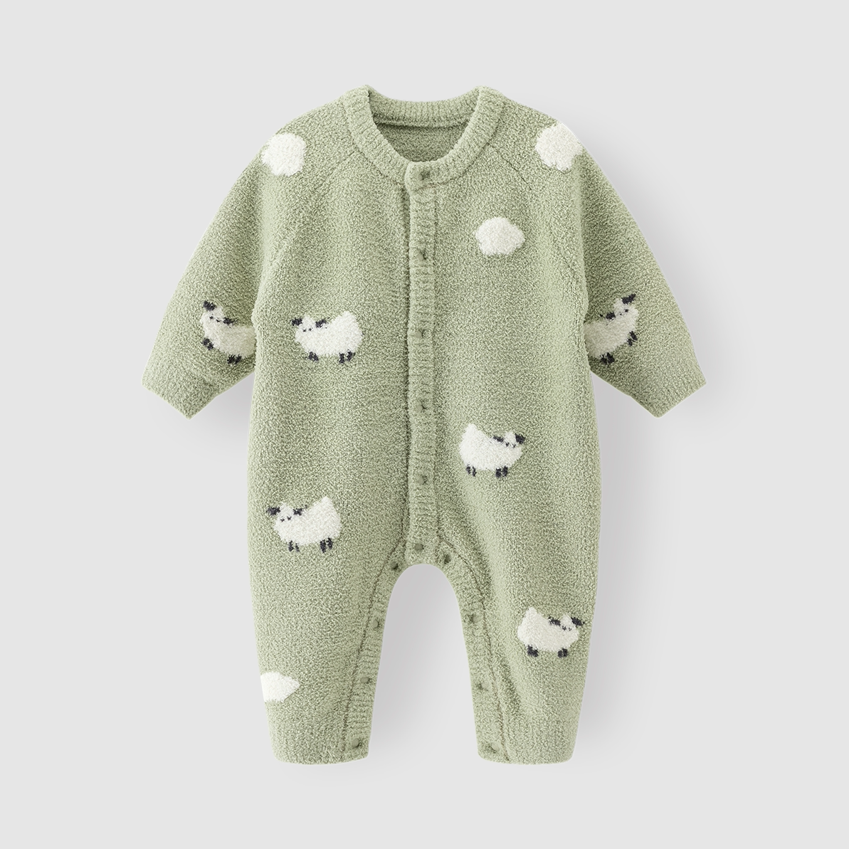 Matcha green plush knit baby romper with fluffy sheep