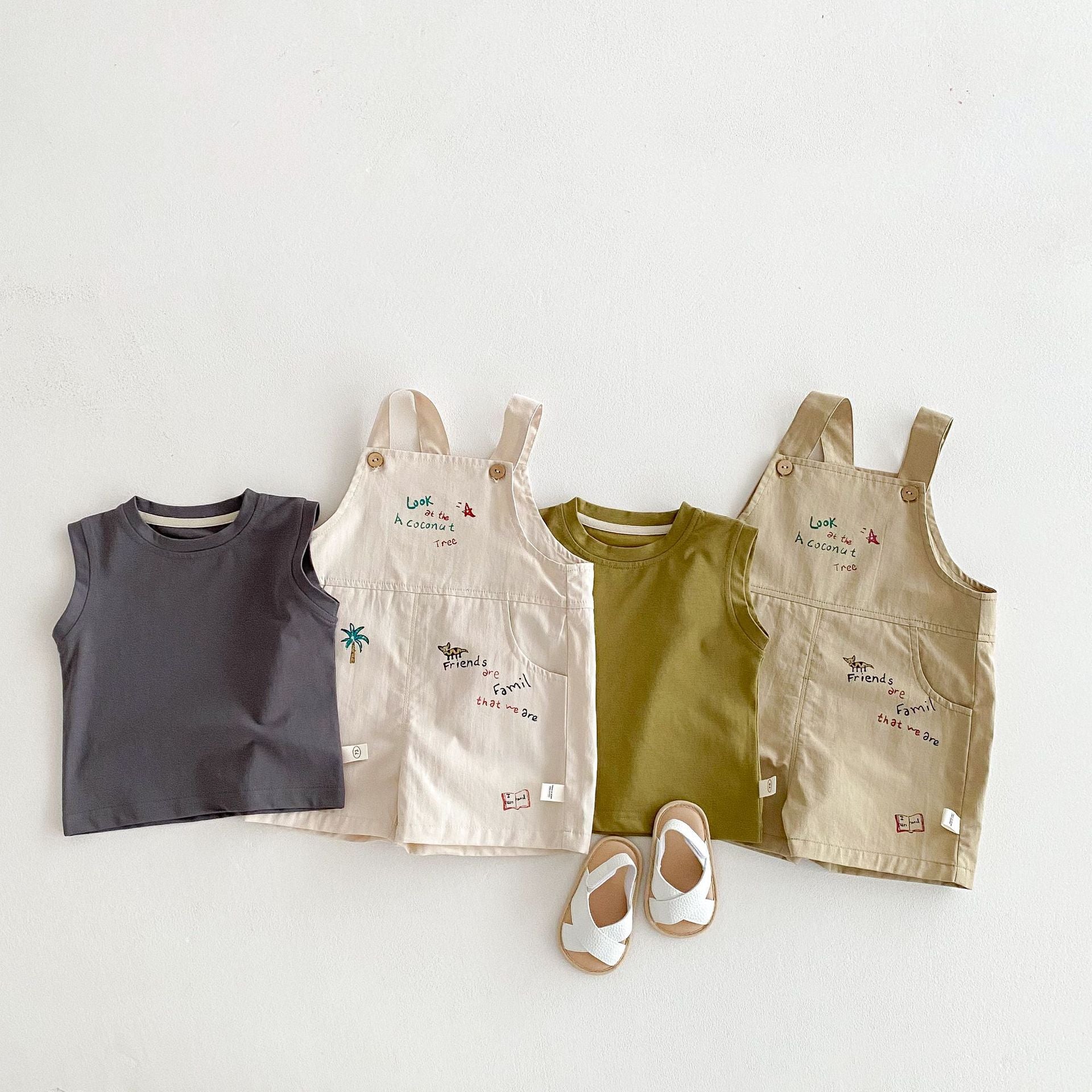 Simple Fashion T-shirt Fashion Baby Korean Style Cartoon Suspender Pants