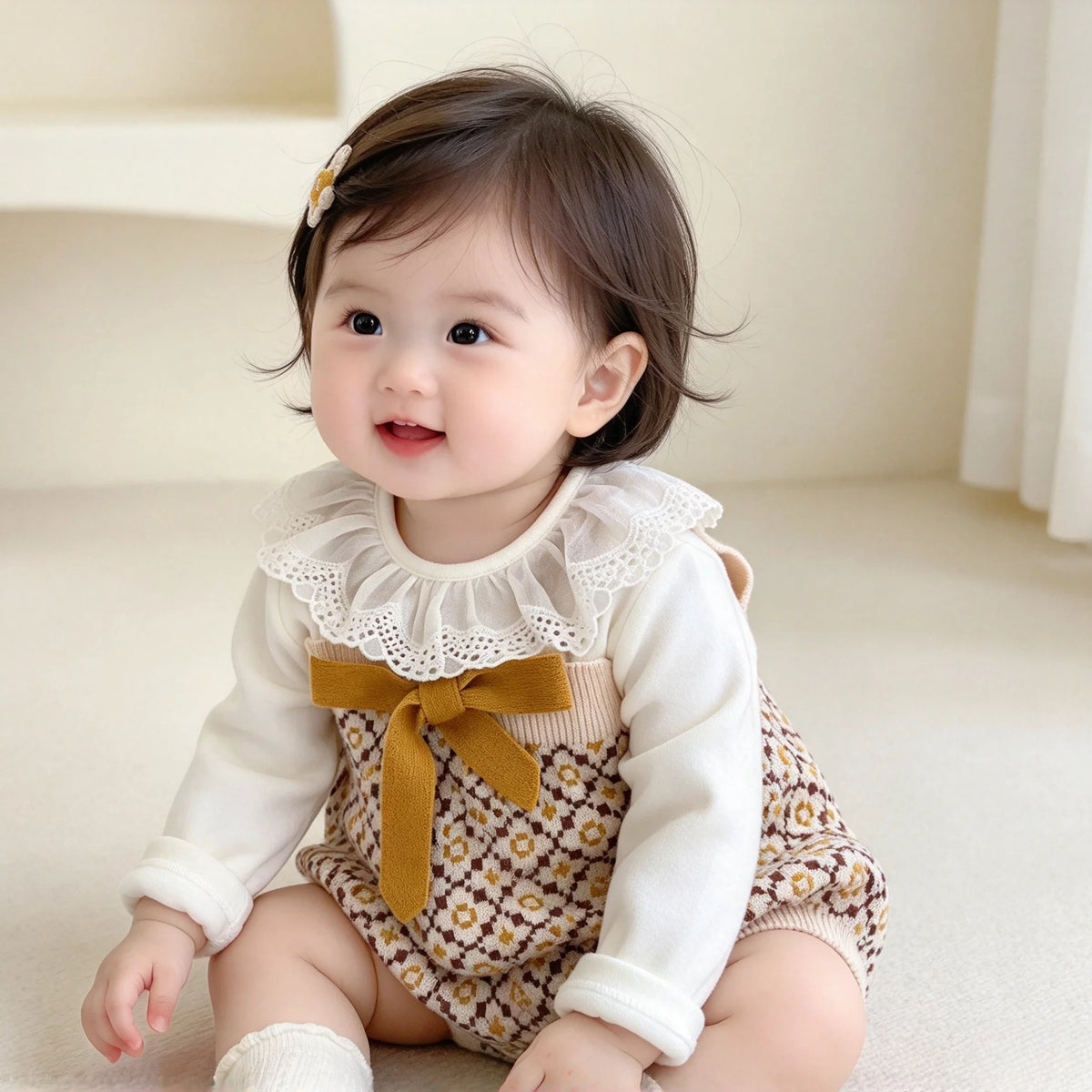 Baby wearing the knit suspender romper with a big caramel bow