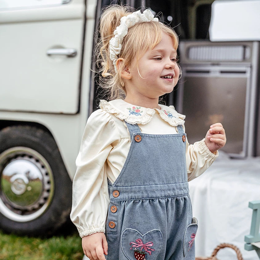 Close view of denim shortalls with scalloped straps and wooden buttons