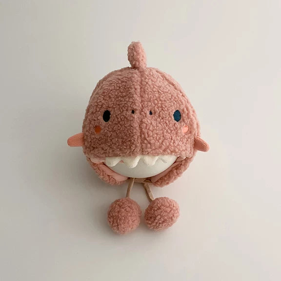 Rose pink dinosaur baby winter hat with pom-pom ties