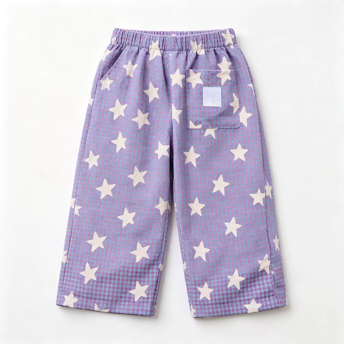 Lavender star gingham wide-leg kids pants, flat lay