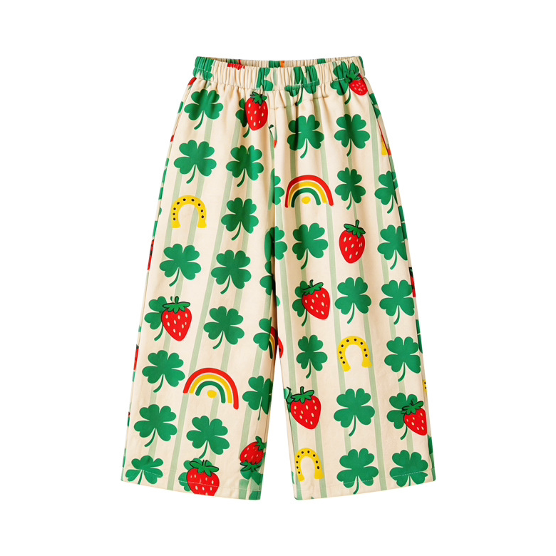 Clover and rainbow print kids wide-leg pants, flat lay