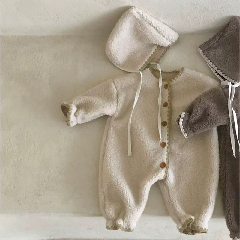Oat teddy fleece baby romper with matching bonnet and ribbon ties