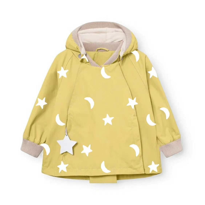 Butter yellow hooded padded jacket with moon and star print, flat lay