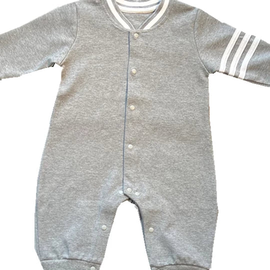 Heather grey long-sleeve baby romper with striped collar and sleeve stripes