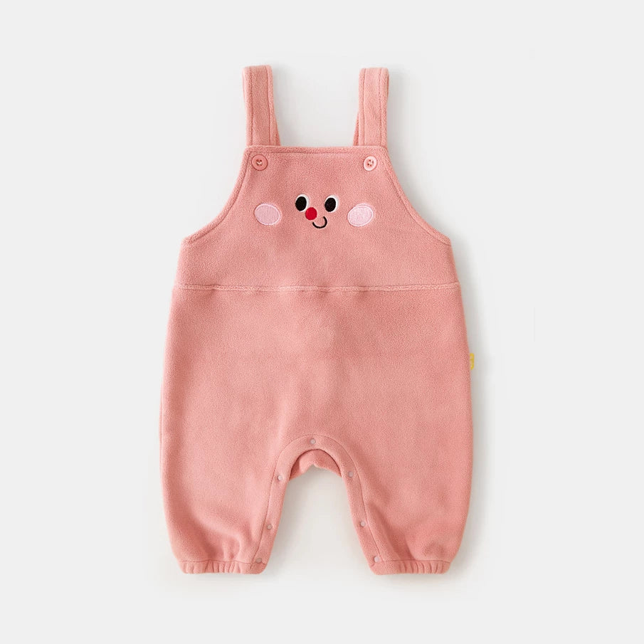 Rose pink fleece kids overalls with embroidered bunny face, flat lay