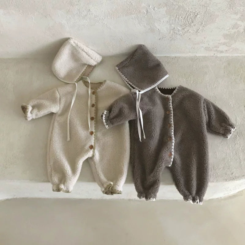 Two teddy plush baby romper and bonnet sets in oat and mocha