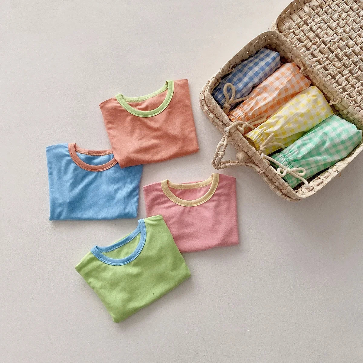 Colorful Tees & Plaid Short Set