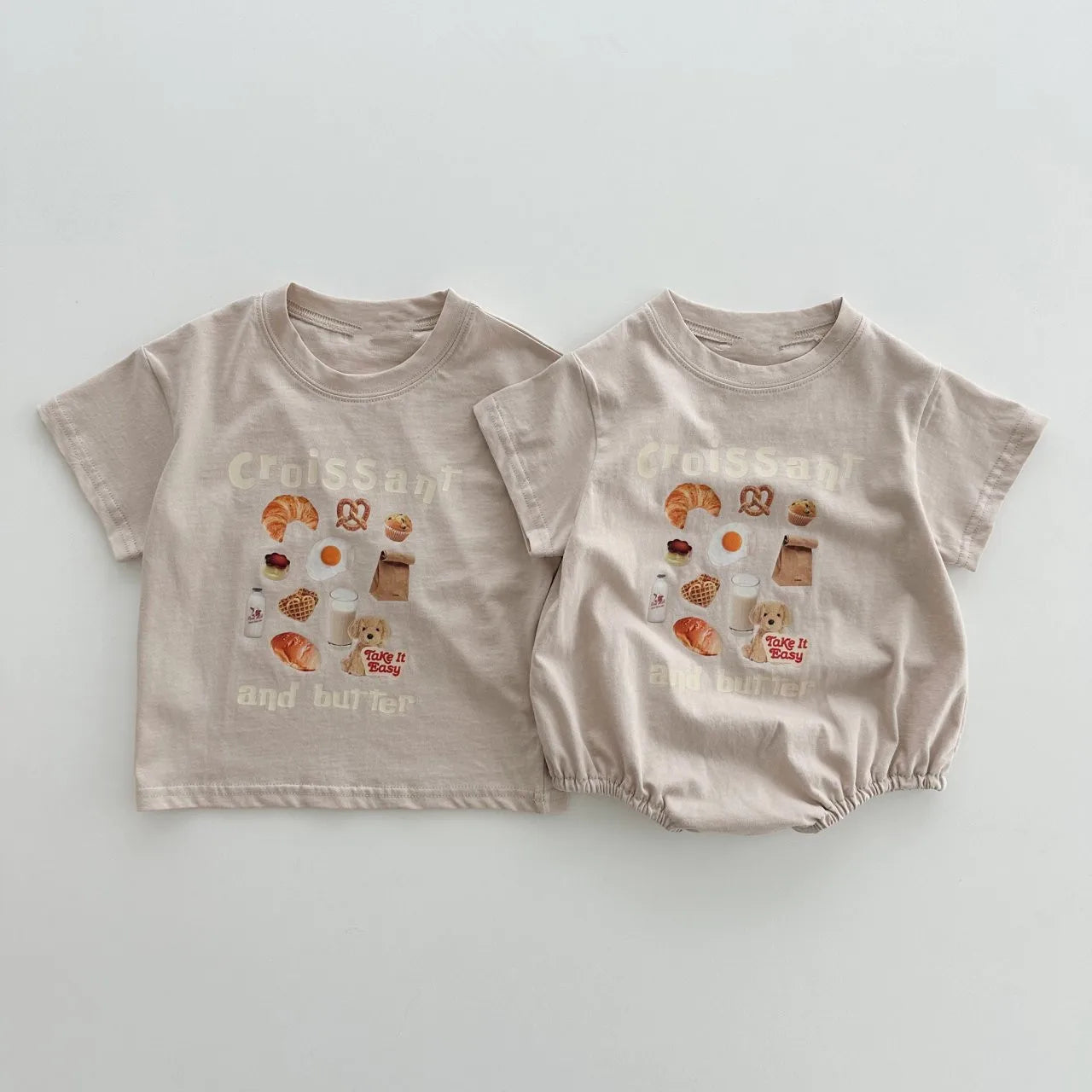 Matching sibling croissant print t-shirt and baby bodysuit set, beige
