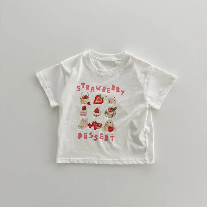 White toddler t-shirt with strawberry dessert graphic print
