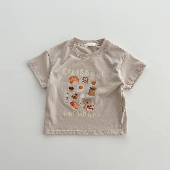 Beige toddler t-shirt with croissant and butter graphic print