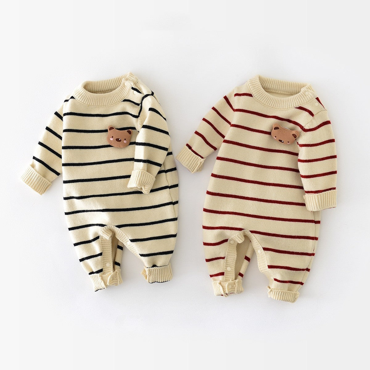 Classic Stripes Baby Romper with Bear Charm