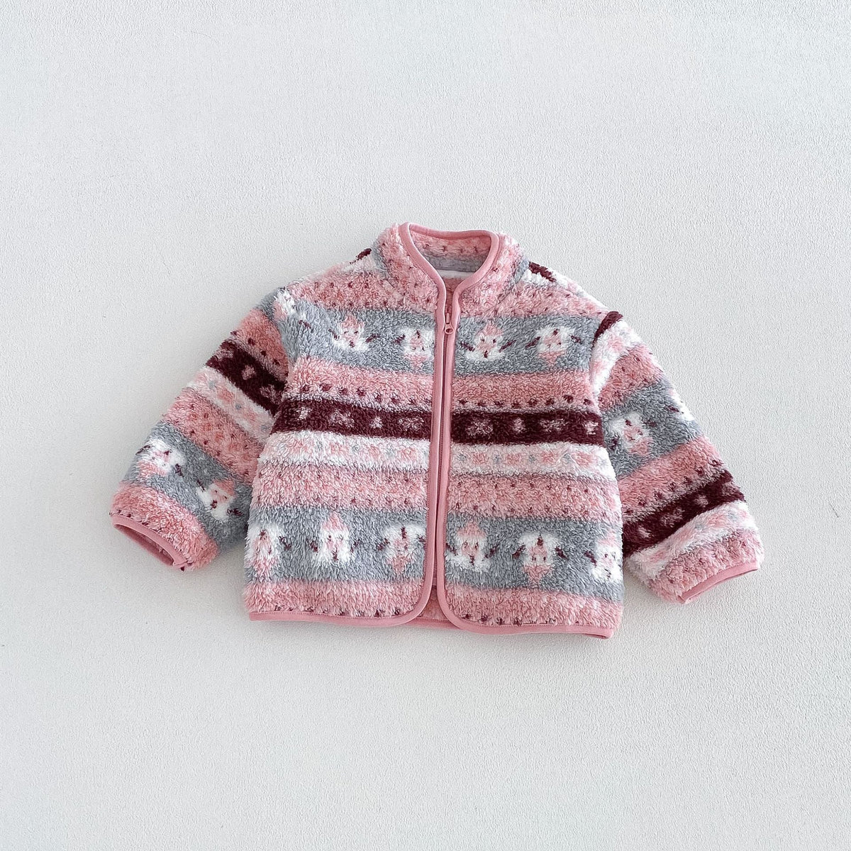 Rose Nordic pattern fluffy fleece zip jacket, flat lay