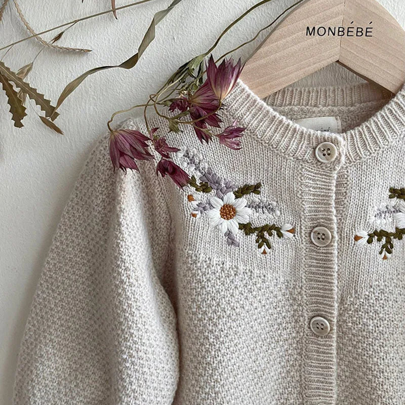 Close-up of embroidery and buttons on apricot cardigan