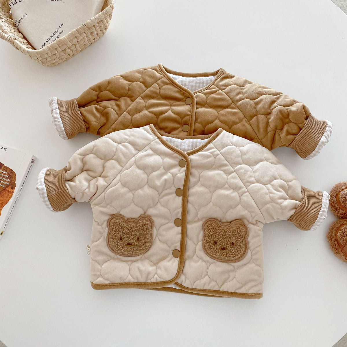 Apricot quilted toddler coat with brown teddy bear pockets