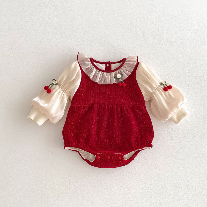 Baby girl red knit bubble romper with cream puff sleeves and ruffle collar
