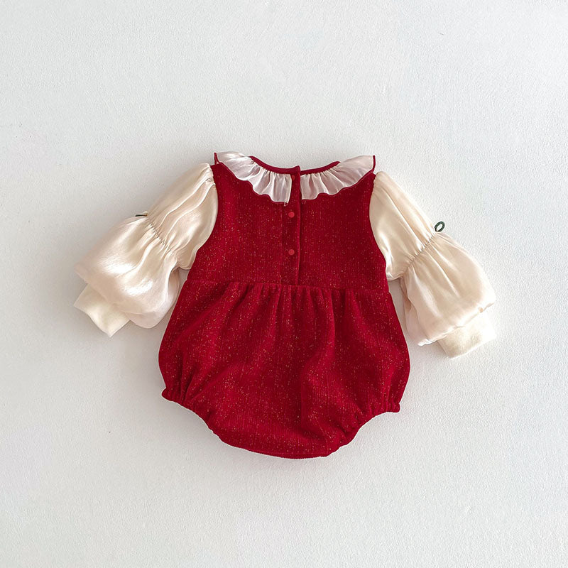 Back view of red knit baby bubble romper