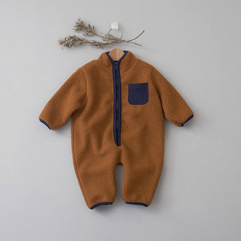 Brown sherpa fleece baby jumpsuit with navy zip
