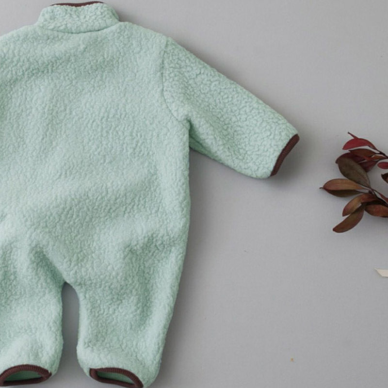 Green sherpa fleece baby jumpsuit, back view