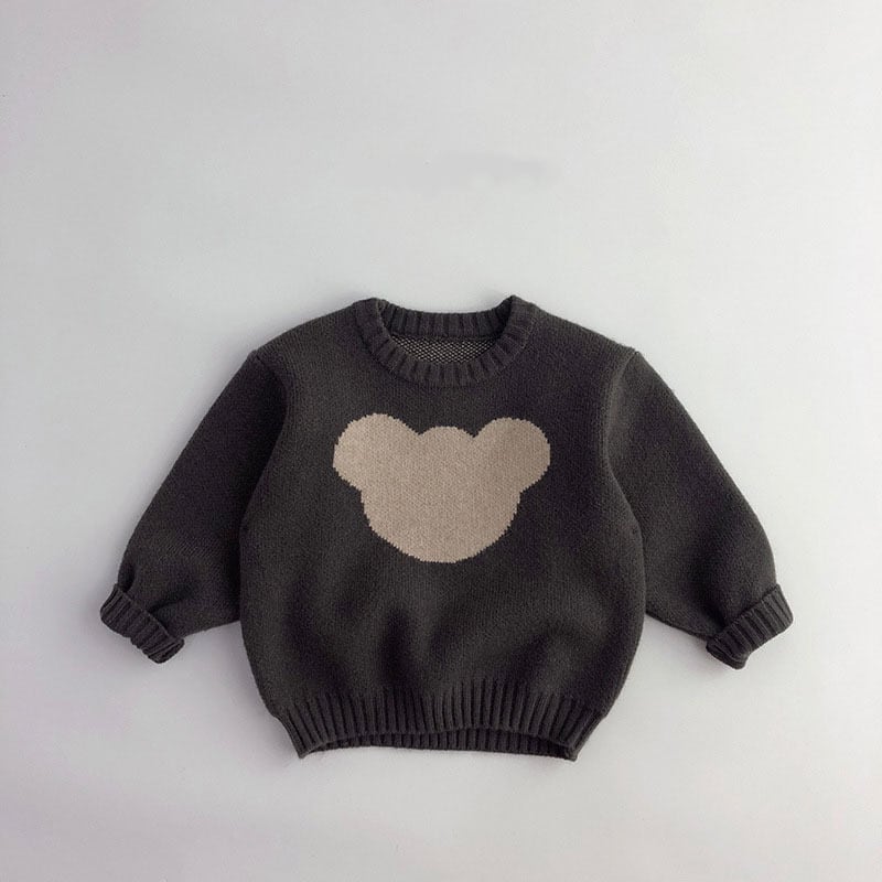 Charcoal kids knit sweater with an oatmeal teddy bear silhouette, flat lay