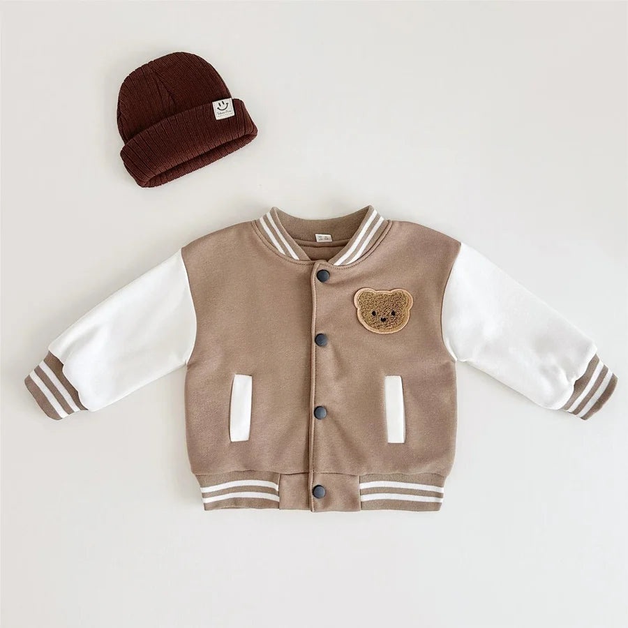 Brown and cream bear varsity baby jacket with beanie
