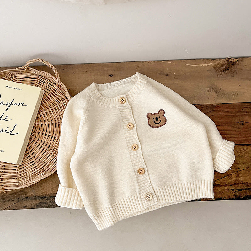 Beige bear patch knit baby cardigan