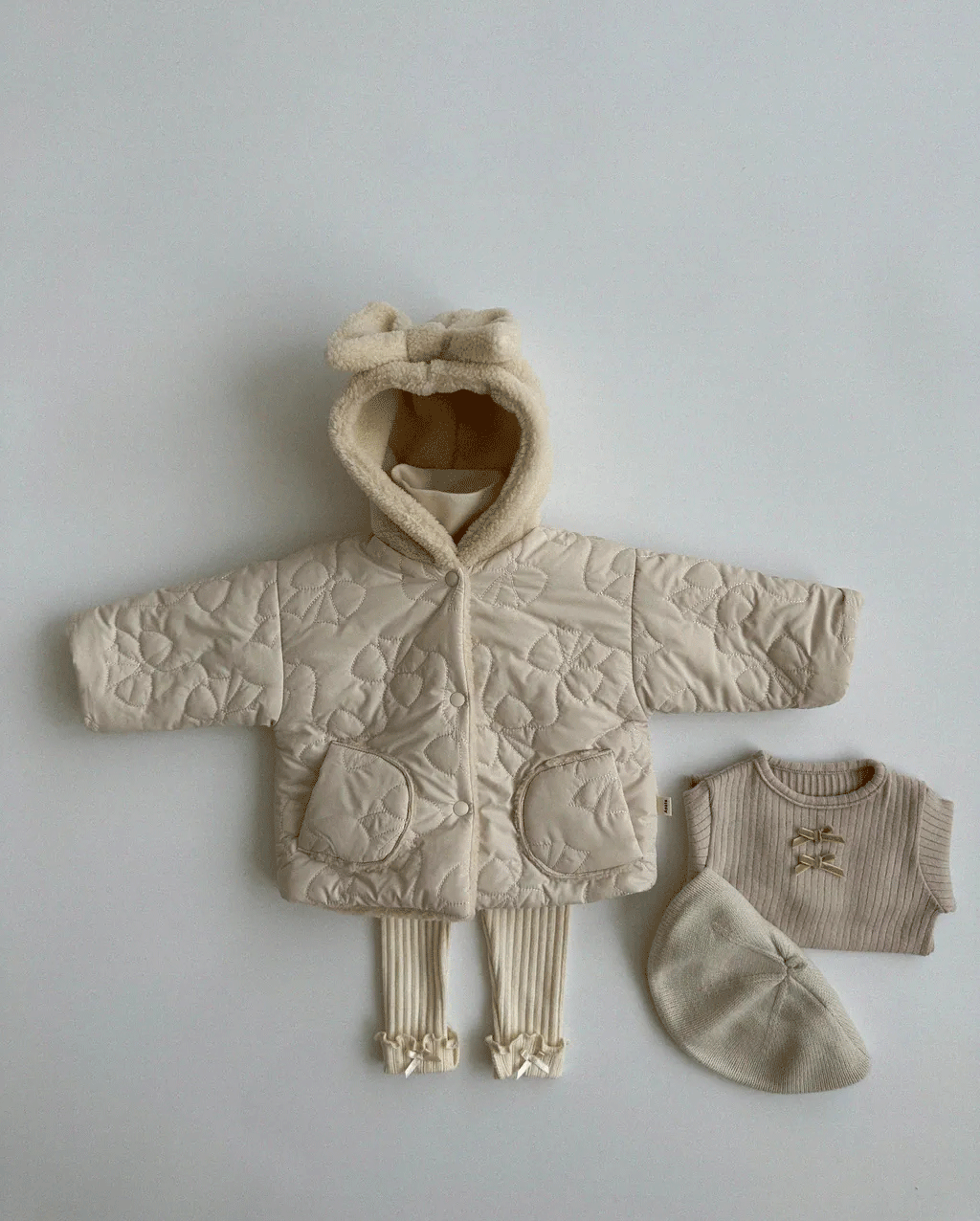 Beige bow hood jacket outfit with leggings and hat