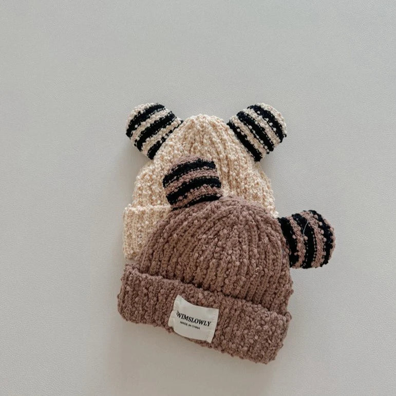Beige and brown chunky knit bear ear beanies