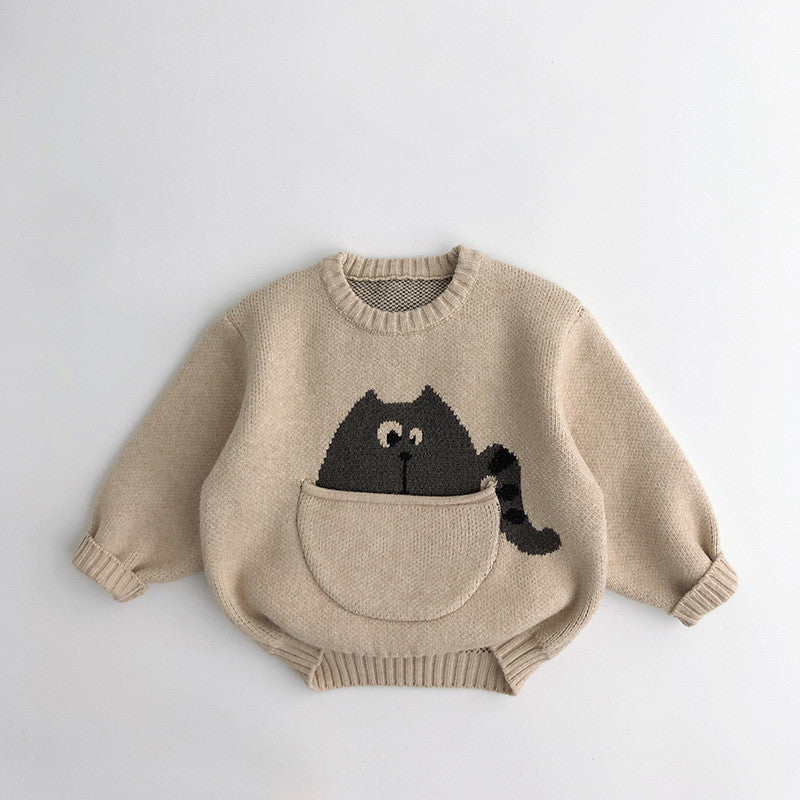 Beige knit sweater with black cat pocket