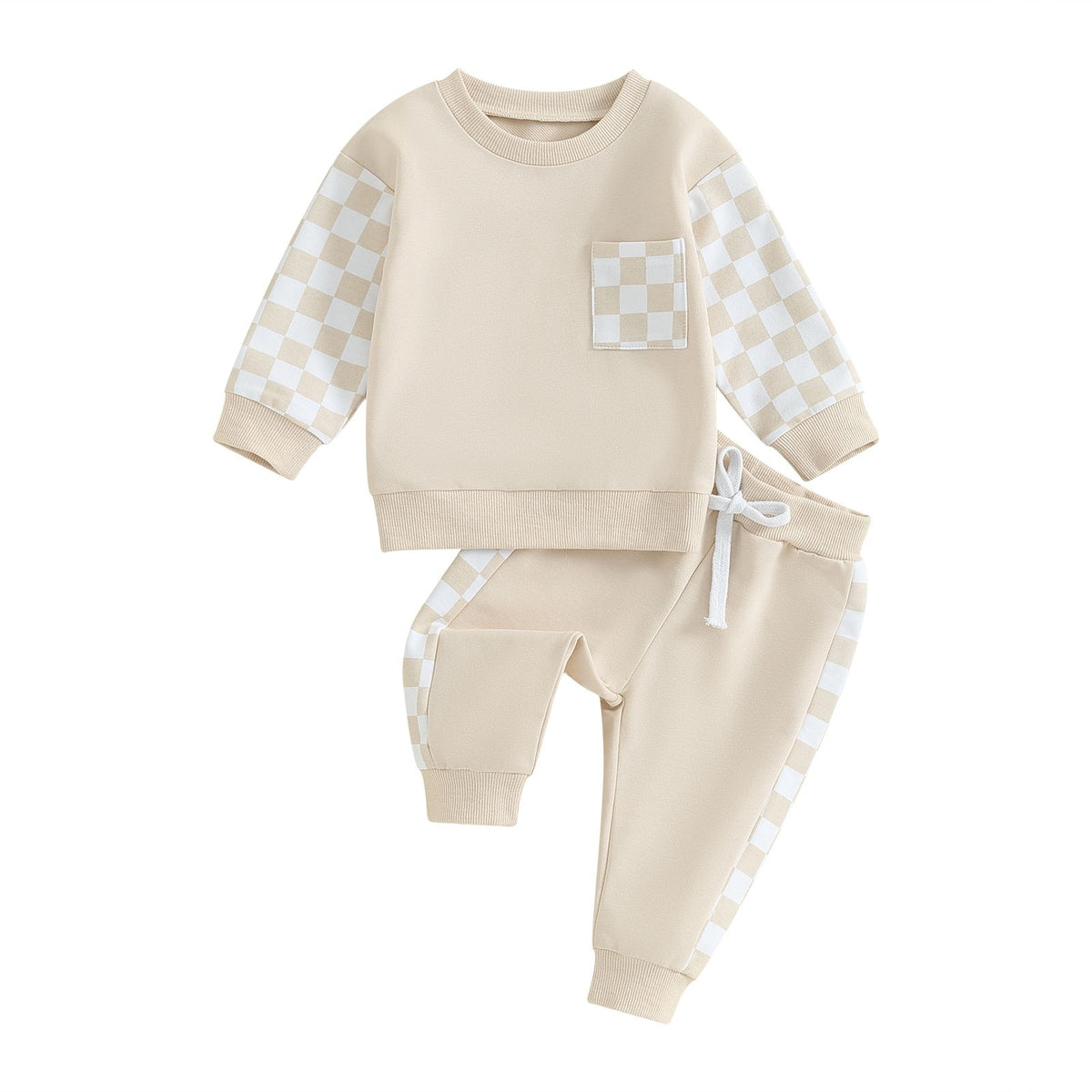 Beige checkerboard sweatshirt and joggers set