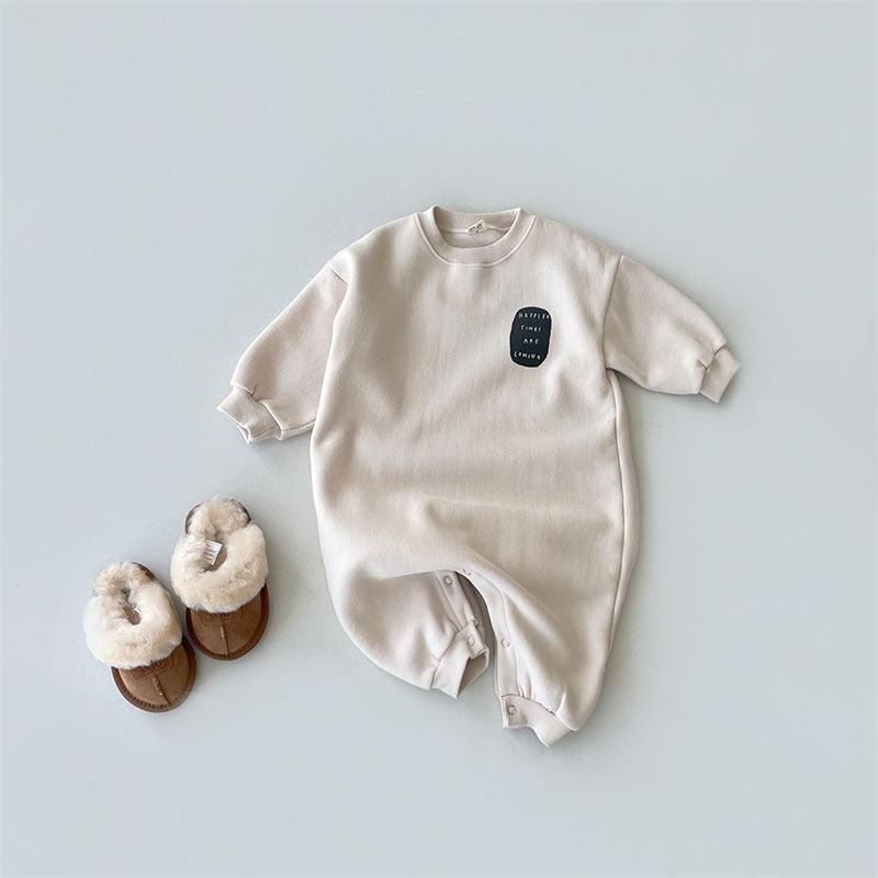Beige thick fleece-lined long sleeve baby jumpsuit