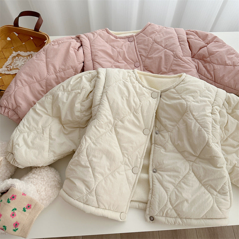 Beige and pink quilted toddler jackets